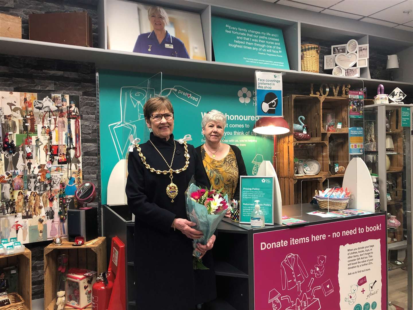 Hospice store manager Eve Allen and the Mayor of Maidstone. Picture: Heart of Kent Hospice
