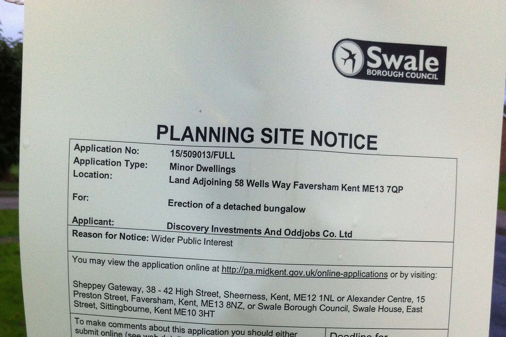 The planning notice in Wells Way.