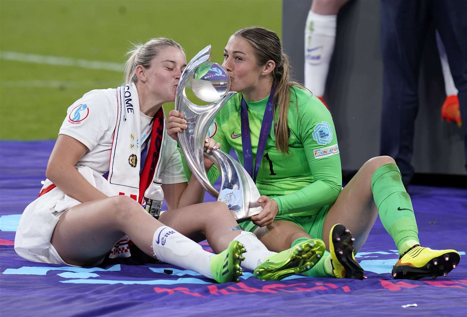Alessia Russo and goalkeeper Mary Earps celebrate England’s Euro 2022 glory last summer. Picture: PA Wire