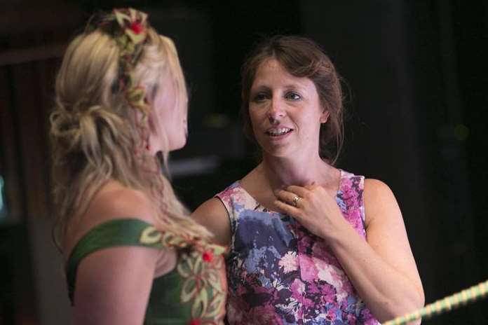 Emily Wood talks to Samantha Womack during rehearsals for Jack and the Beanstalk at the Marlowe Theatre, Canterbury