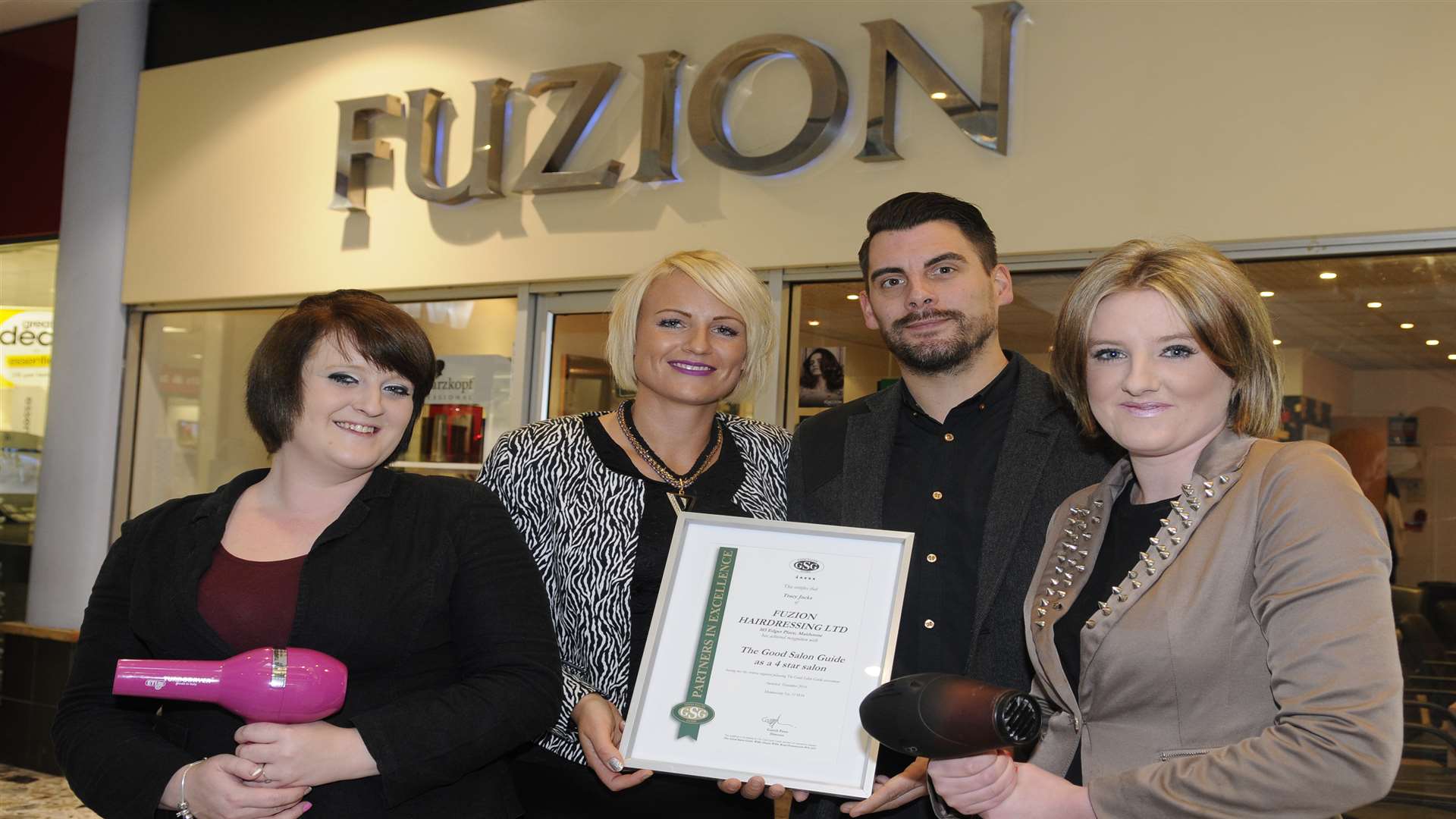 Left to right — Christina Cook, owner of Fuzion Tracy Jacks, Martin Durrant from the Good Salon Guide, and Amy Seymour. Picture: Ruth Cuerden