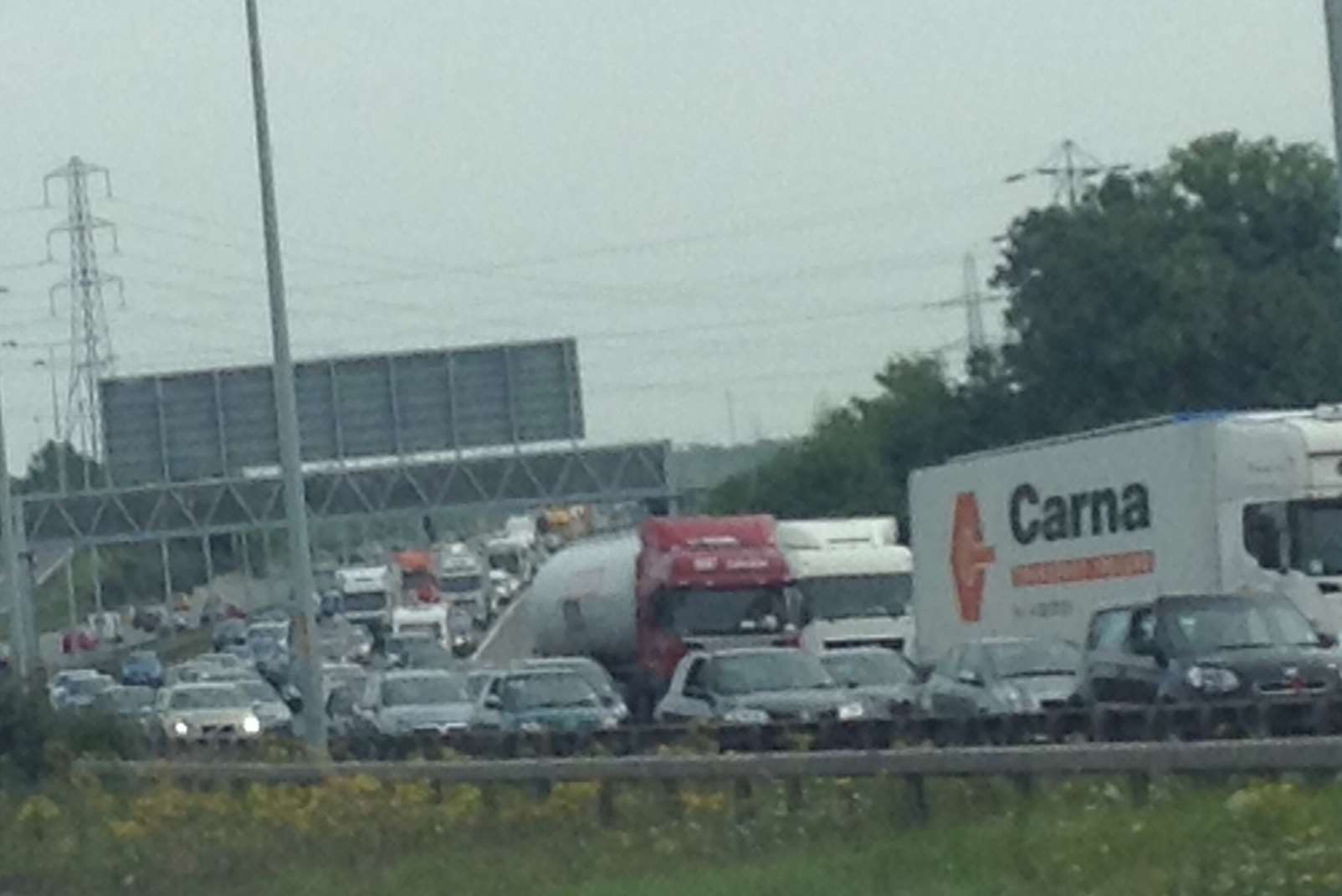 Queues on the A2 after a man and a woman were seriously hurt in a crash. Picture: Julia Roberts