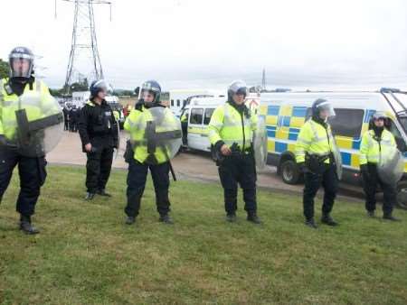 Police on duty at the Kingsnorth power station protest