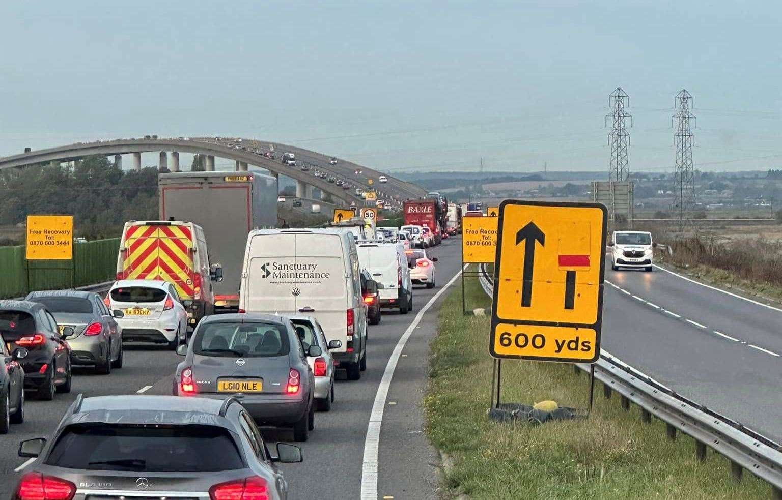 Traffic queuing towards the Sheppey Crossing at the beginning of November. Picture: Dan Boyns