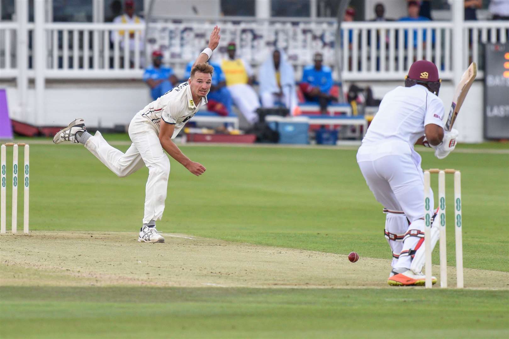 Charlie Hartley bowls to Shai Hope as Kent host West Indies in three-day fixture in 2017 Picture: Alan Langley