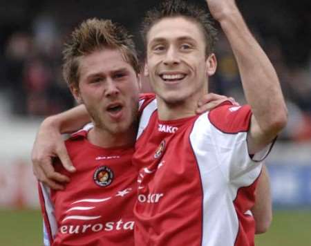 Goalscorer Chris McPhee (right) and Stacy Long celebrate the Fleet's third goal last weekend. Picture: MATTHEW READING
