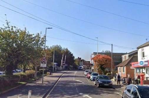 The woman was hit by an object thrown from a passing car in Station Road, Rainham. Picture: Google