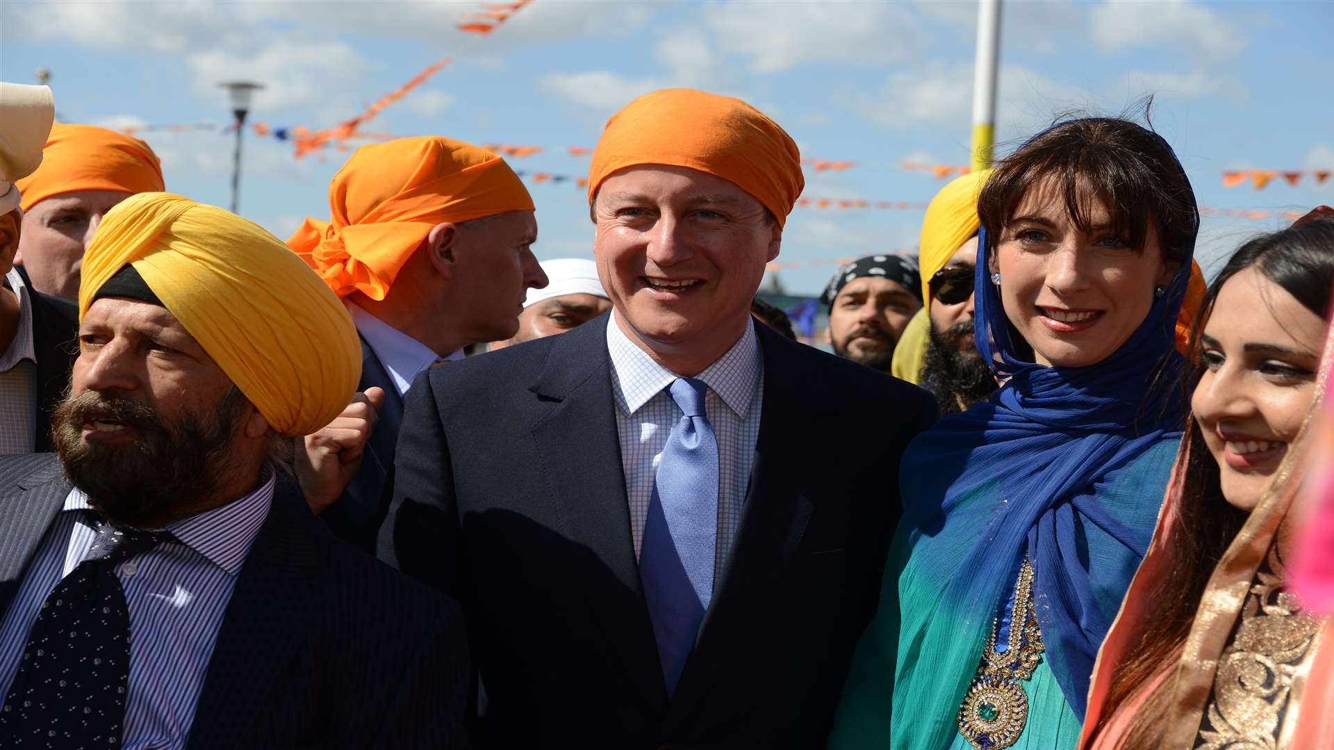 David and Samantha Cameron arriving at the Gurdwara Sikh festival of Vaisakhi at Gravesend (2015)