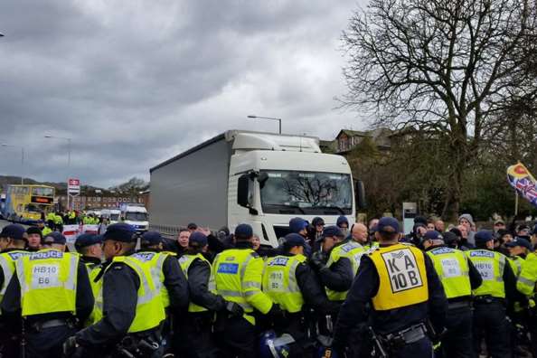 Police form a human line at protests in Dover in a previous protest. Pic: @Kent_999s
