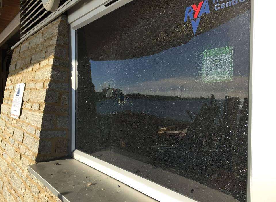 Smashed window at Dover Sea Sports Centre