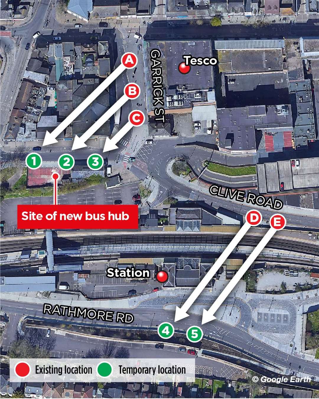 Map of where the bus stops will be moved to