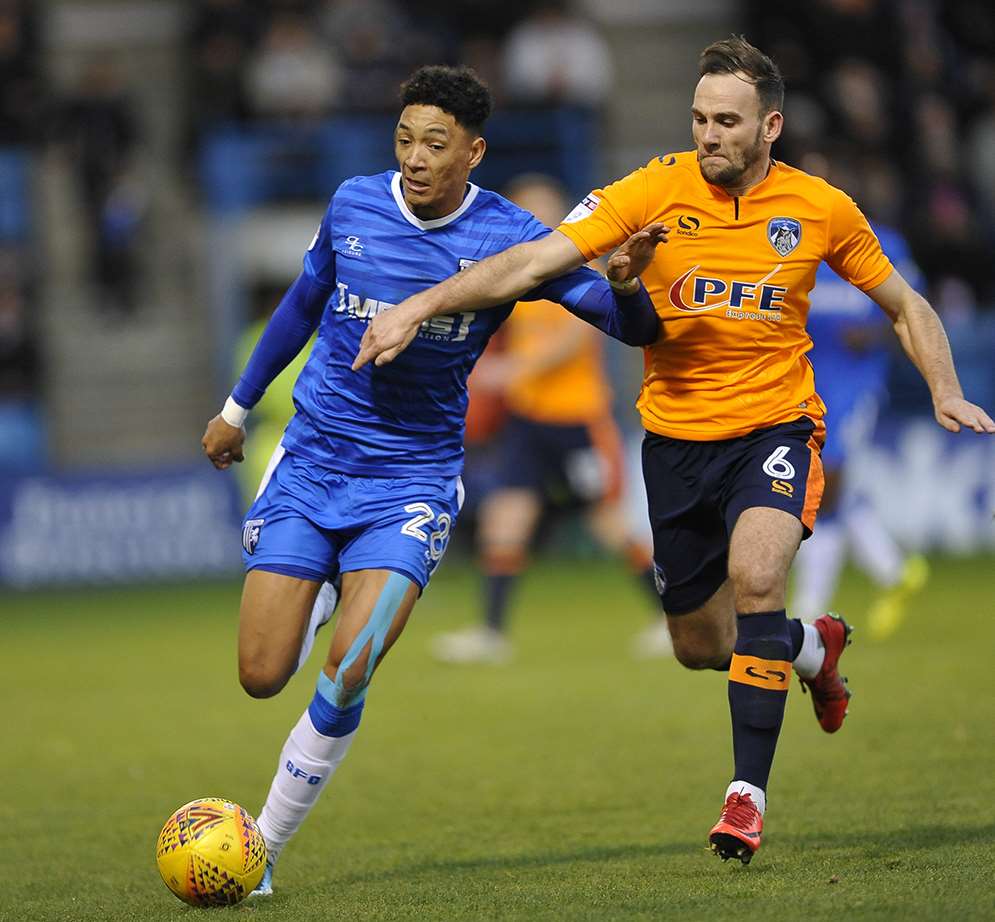 Sean Clare chasing the ball for Gillingham Picture: Ady Kerry