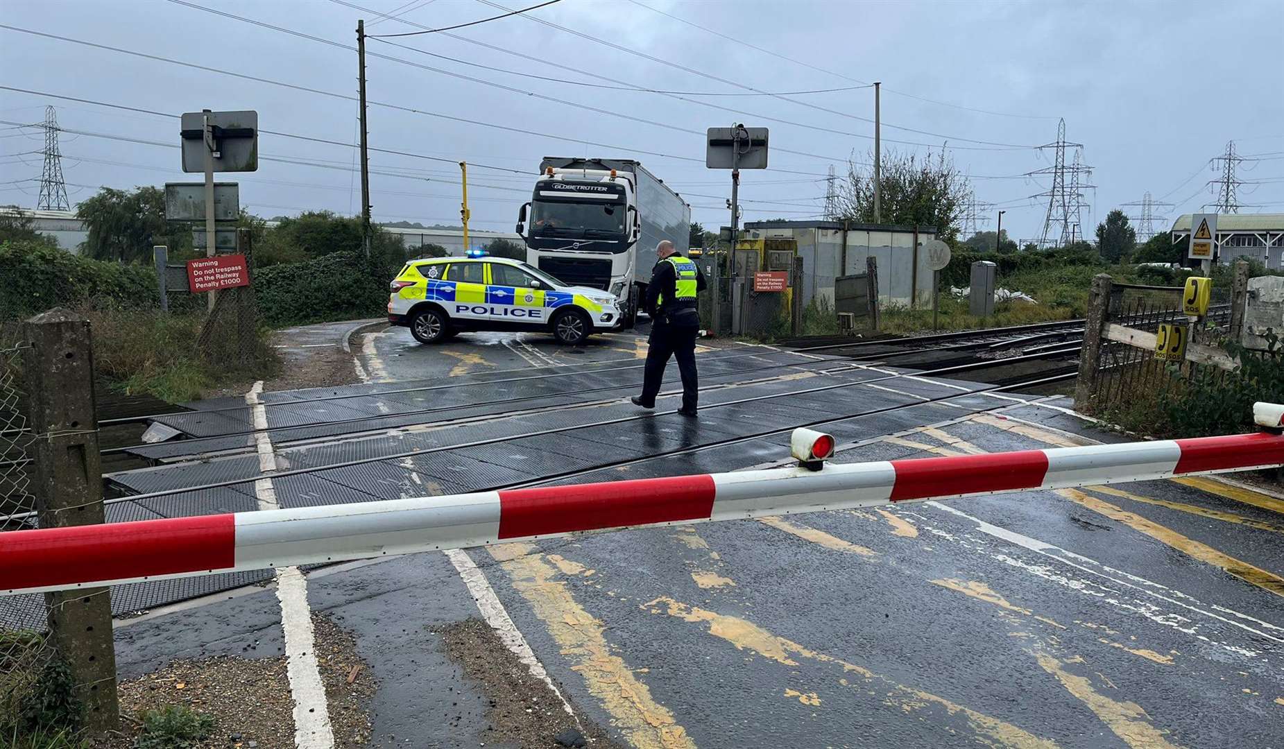 The lorry crashed into the Broad Oak level crossing barrier. Picture: BTP