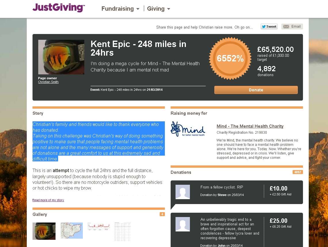 Christian Smith's JustGiving page earlier today