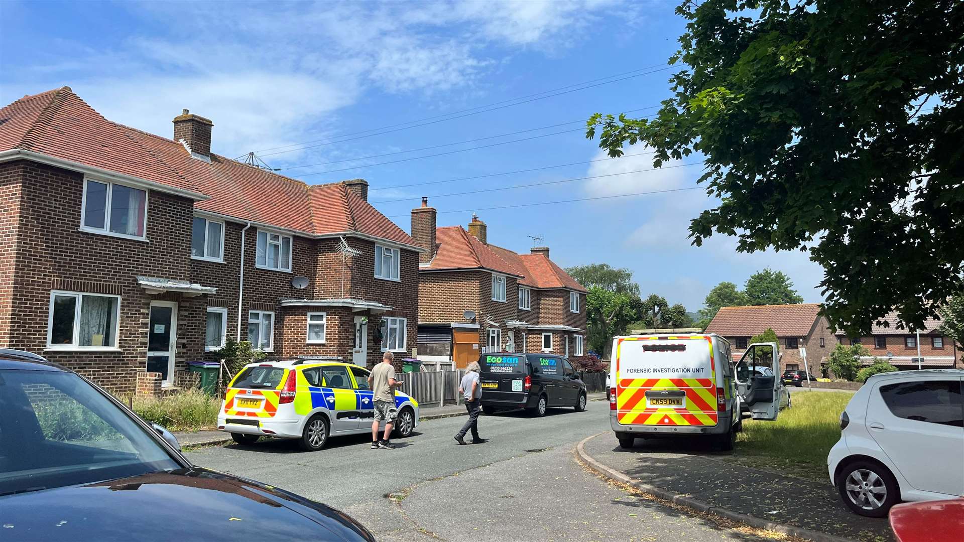 A fake police car and forensics van were pictured in Church Road, Cheriton