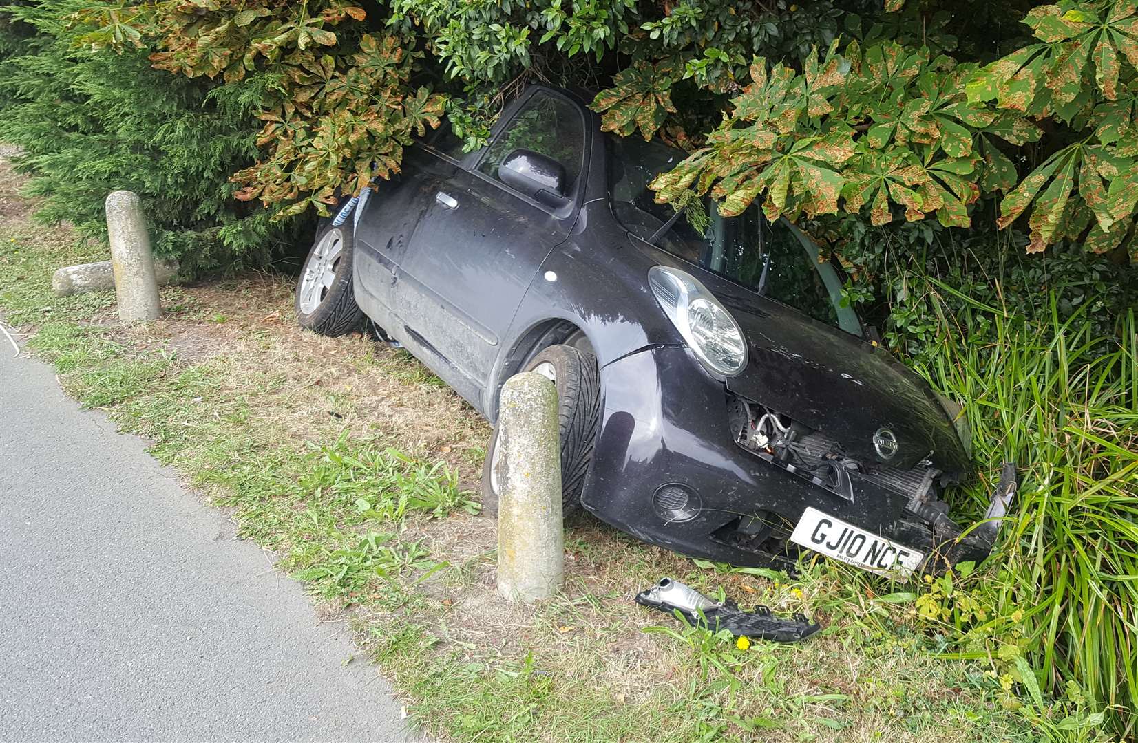 The crashed Nissan Micra in Chestfield Road