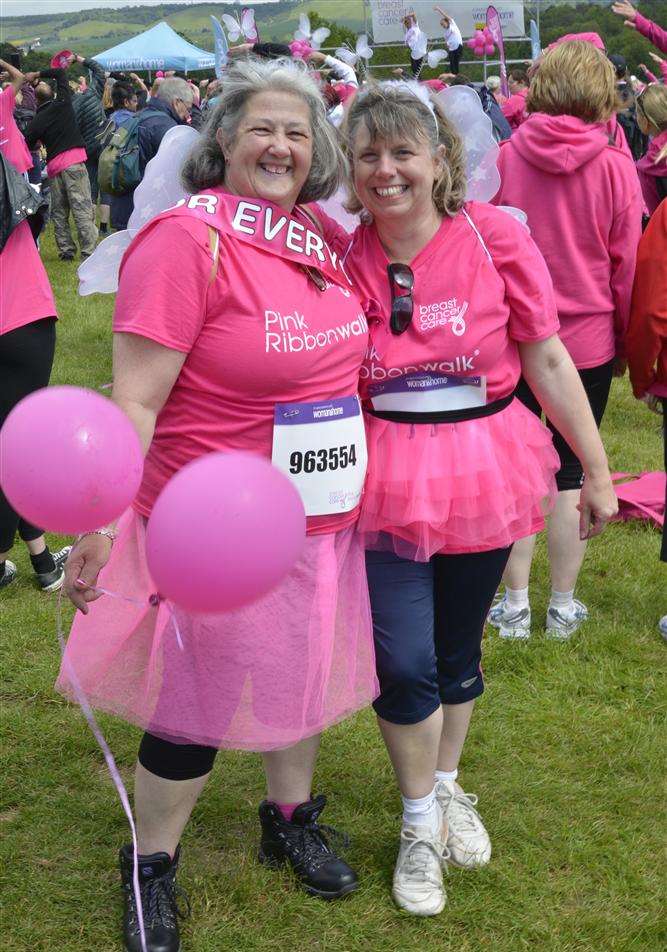 Lisa Britnell and Jenny Bones get into the Pink Ribbonwalk theme at last year's event