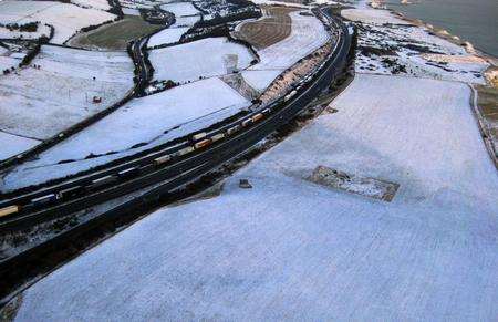 Aerial photograph of a snowbound M20 with Operation Stack in full flow