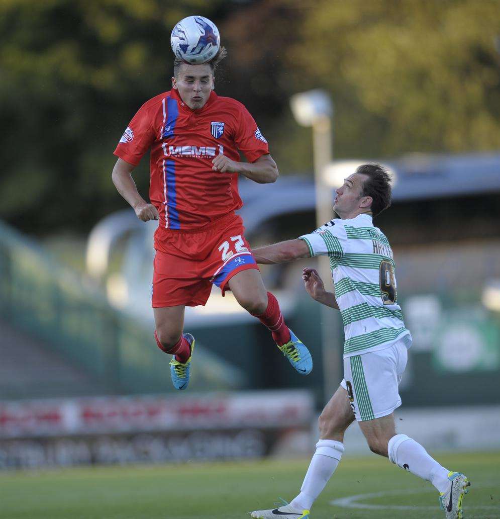 Josh Hare wins a header against Yeovil Town Picture: Ady Kerry