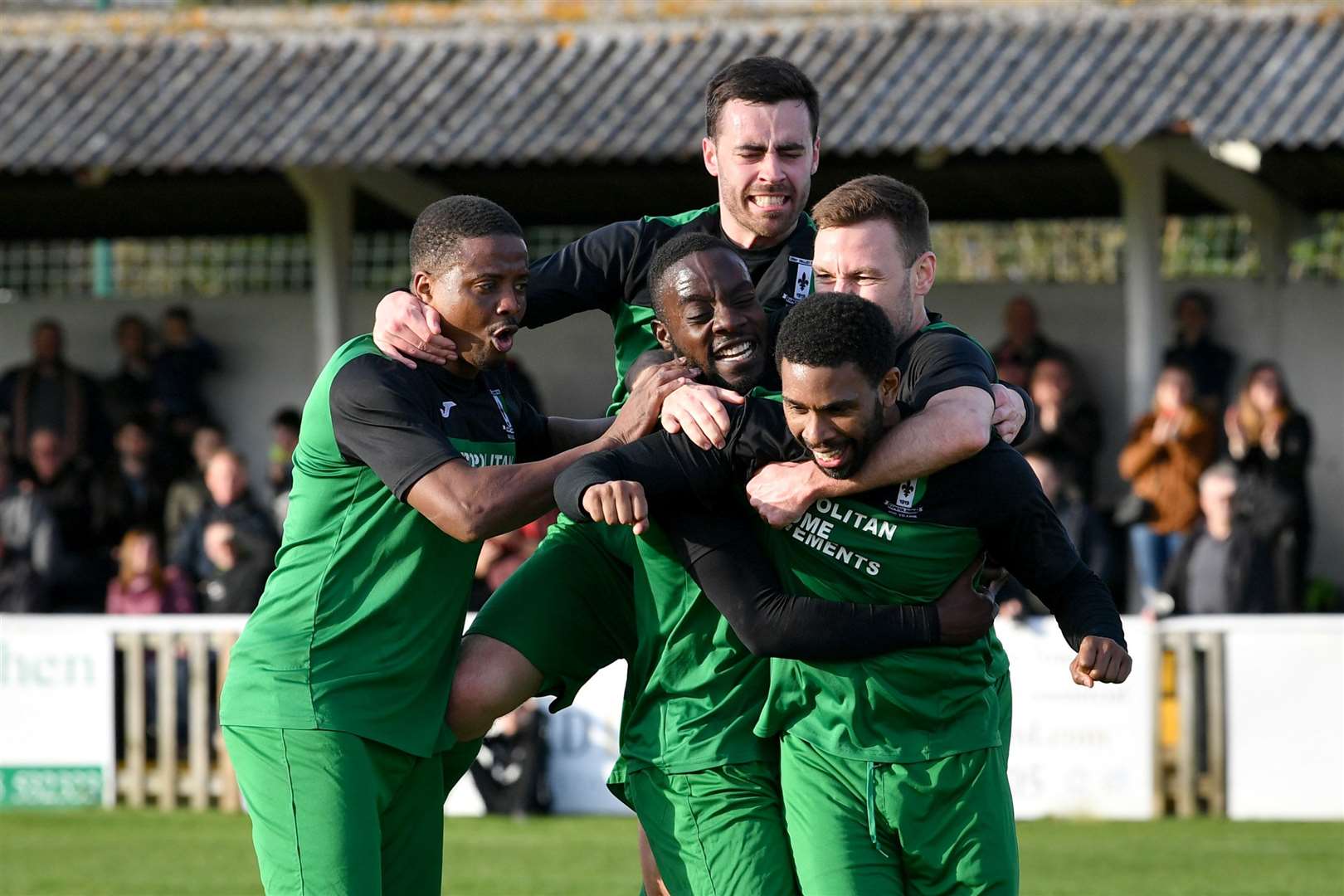 Cray Valley's players celebrate their semi-final win over Canterbury City Picture: Keith Gillard