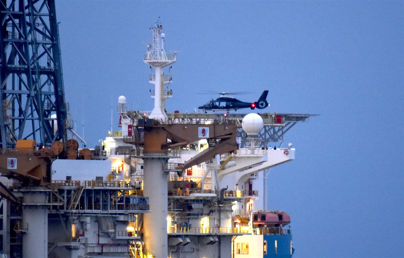 One of the helicopters lands on the Sertao drill ship. Picture: Fraser Gray