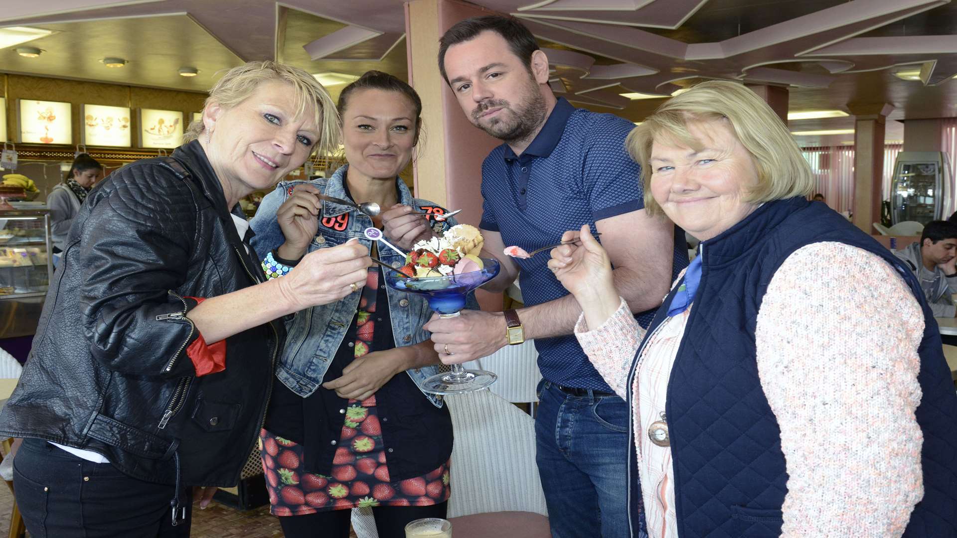EastEnders cast in Morelli's ice cream parlour in Broadstairs.