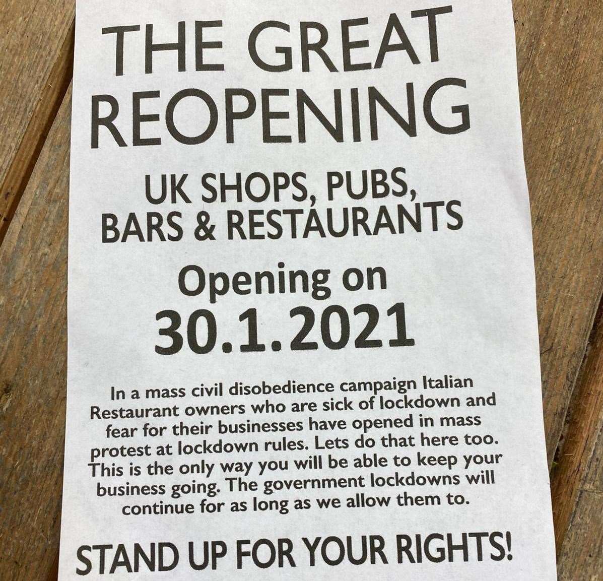 A leaflet has been sent to businesses encouraging them to reopen despite the national lockdown
