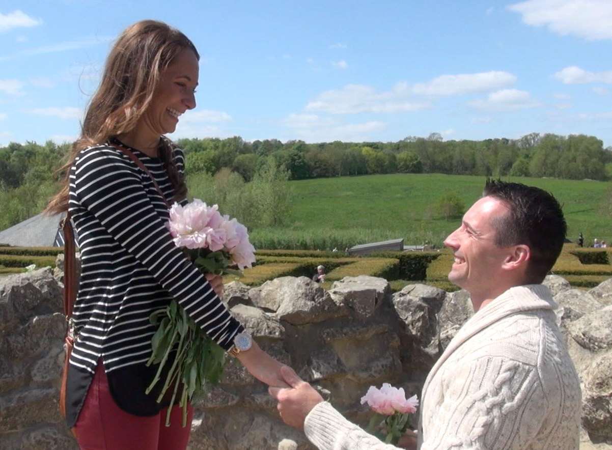 Richard Pollard pops the question to girlfriend Kim Whattler at Leeds Castle. Picture: Sean Harris at Smooth Wedding Productions.