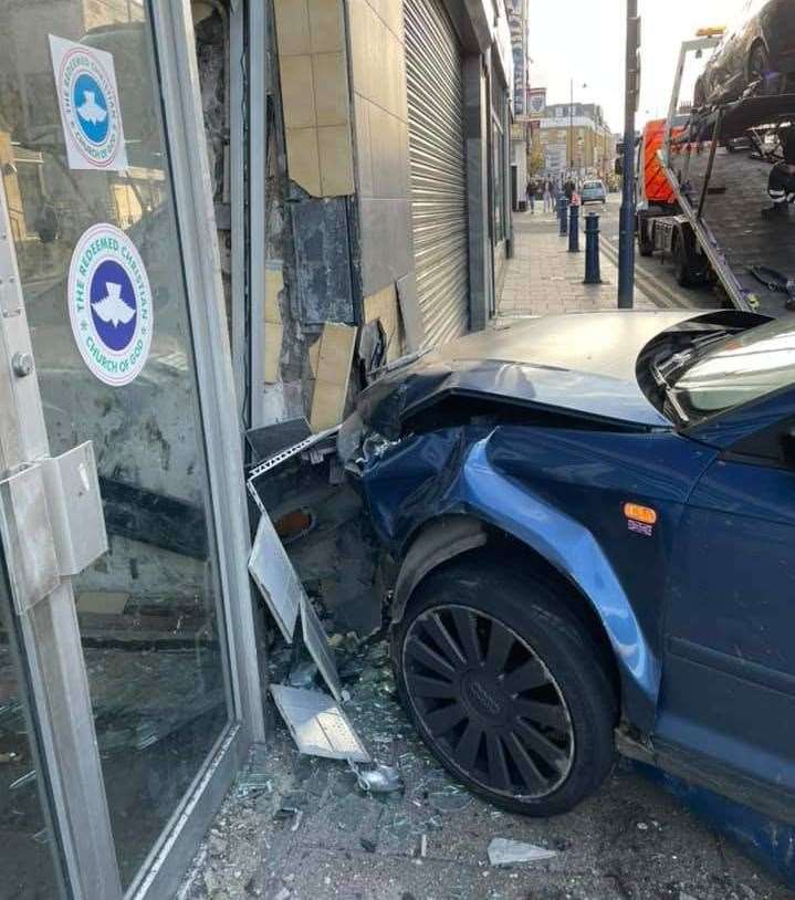 An Audi crashed into the side of a fishing supplies shop in Milton Road, Gravesend.