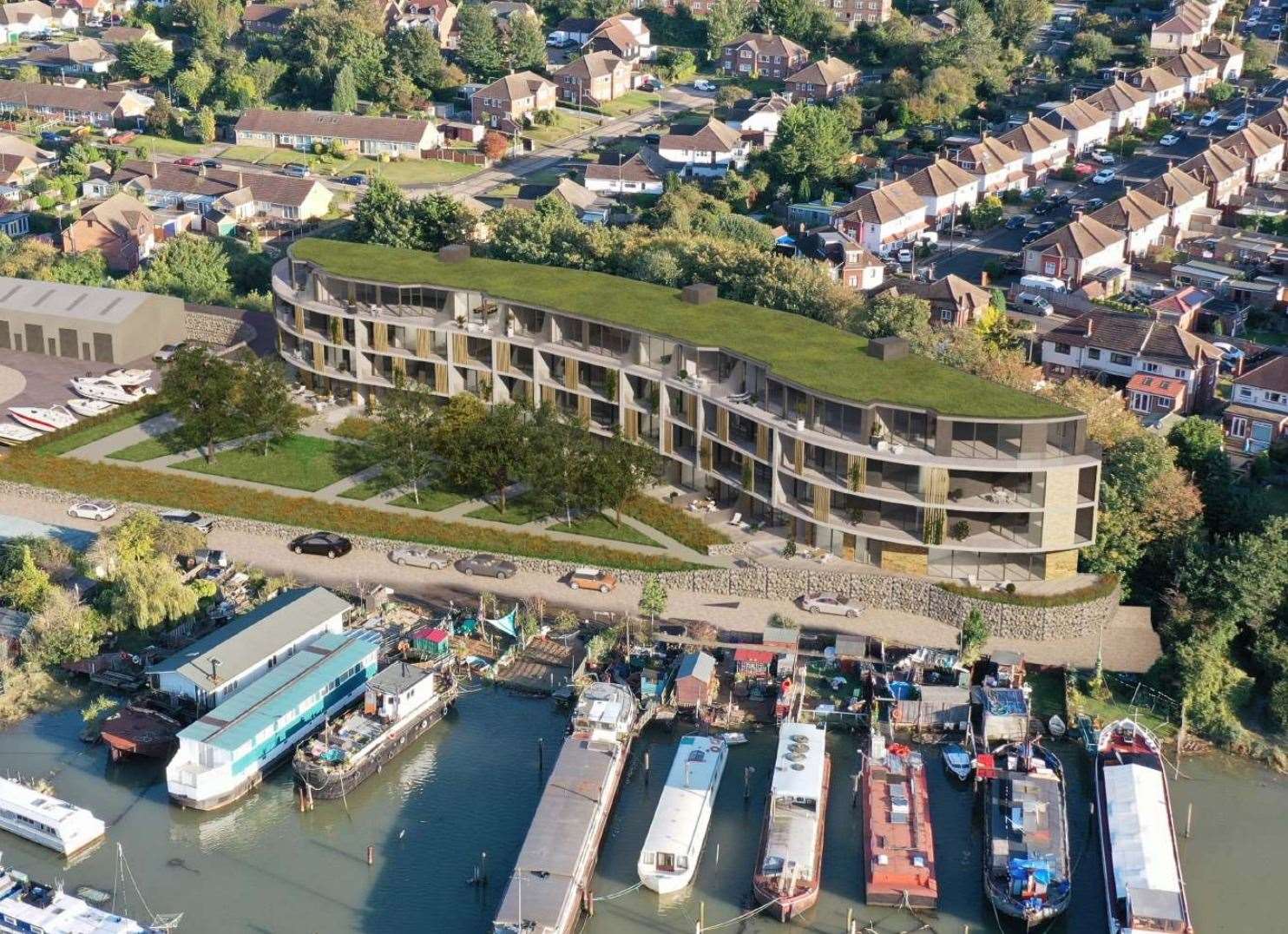 An aerial view of plans for 40 apartments at Medway Bridge Marina. Picture: Guy Hollaway Architects
