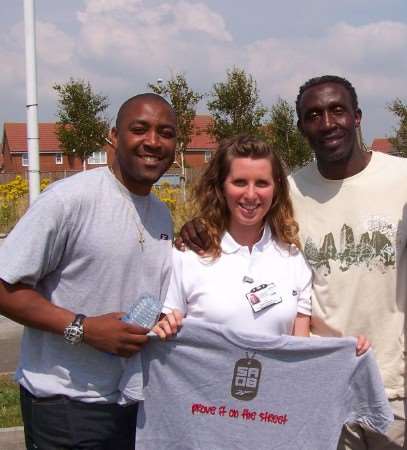 Dover council sports development officer Sarah Philpott with Darren Campbell (left) and Linford Christie promoting street athletics
