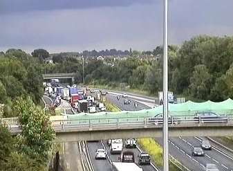 Queues stretch back to junction 4 (Leybourne). Pic: Highways England