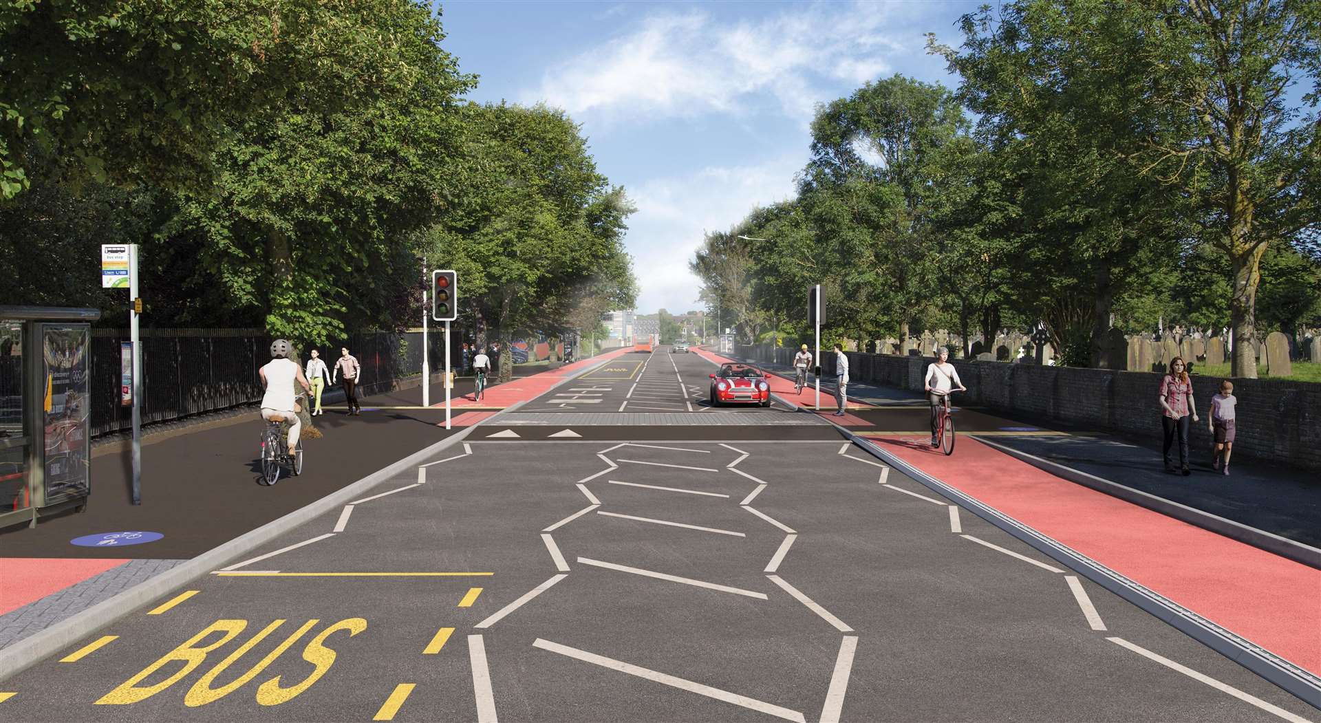 How the cycle lanes may look outside the Harvey Grammar School in Cheriton Road. Picture: Kent County Council