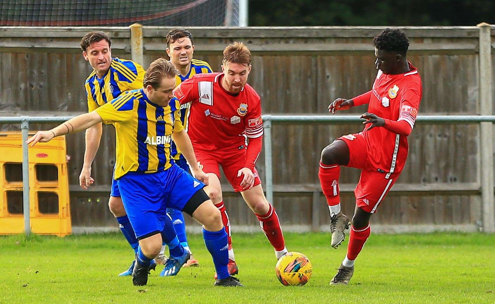 Jake Mackenzie and Muhammed Cham get stuck in for Whitstable. Picture: Les Biggs