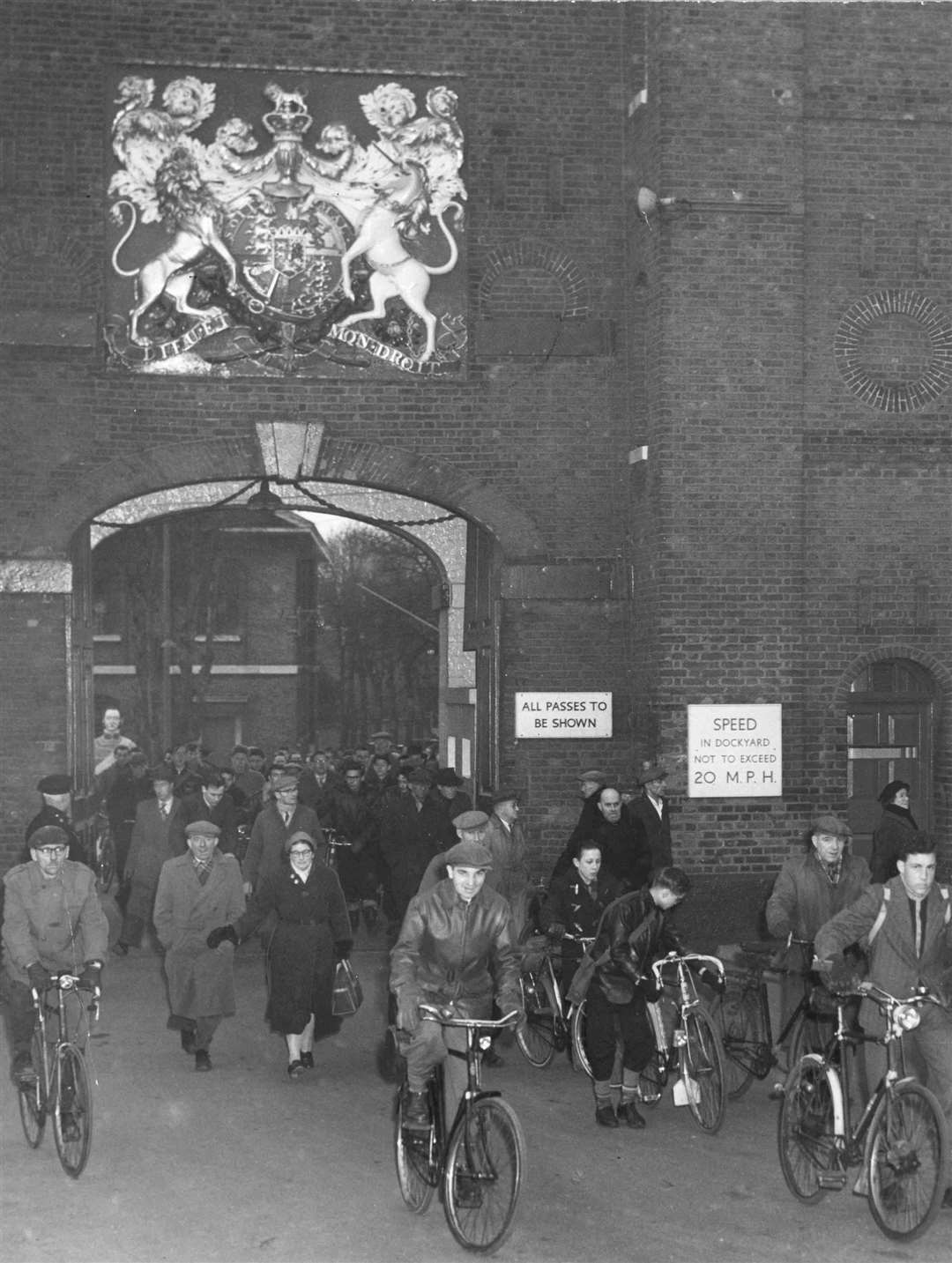 When the klaxon sounded, the workers went home. Chatham Dockyard Maingate was a busy place to be as workers cycled home after a day's work. This picture is from February 1958 but the scene was similar for many years.