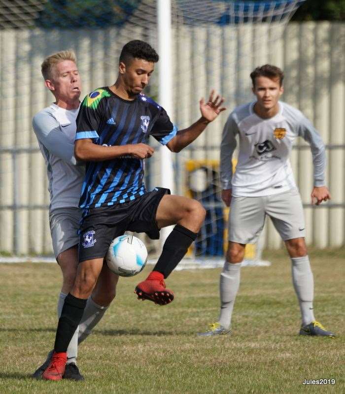 Gilberto Silva Junior in possession for Kent County League side Gillingham Town Picture: Julie Hoare