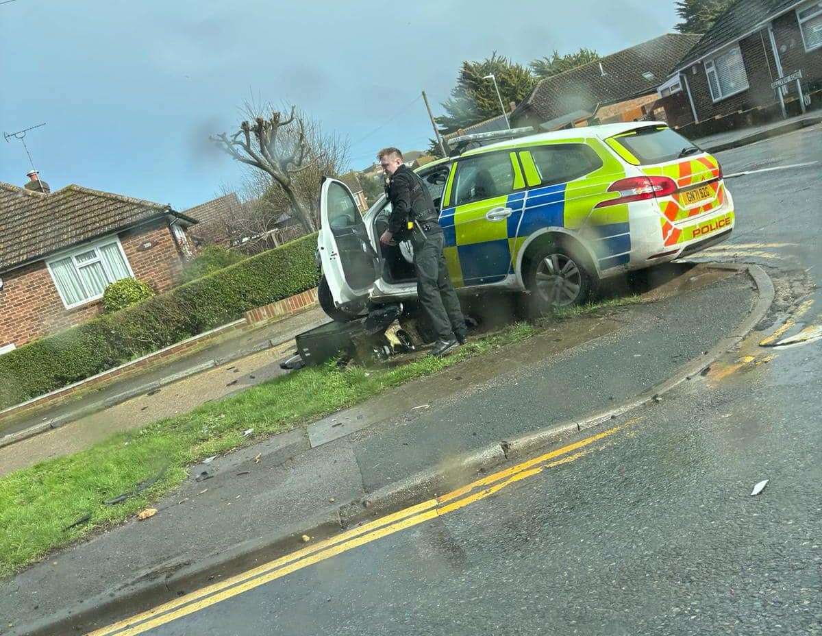 The police car smashed into a telephone box in Canterbury Road, Herne Bay. Picture: Dan Wakeman
