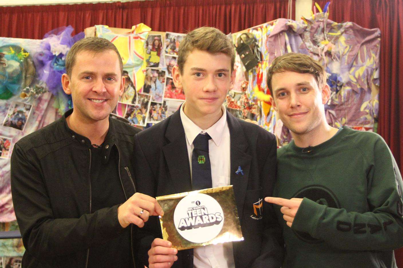 Jack Gregory from St Simon Stock School with Radio 1 DJ Scott Mills and his co-host Chris Stark