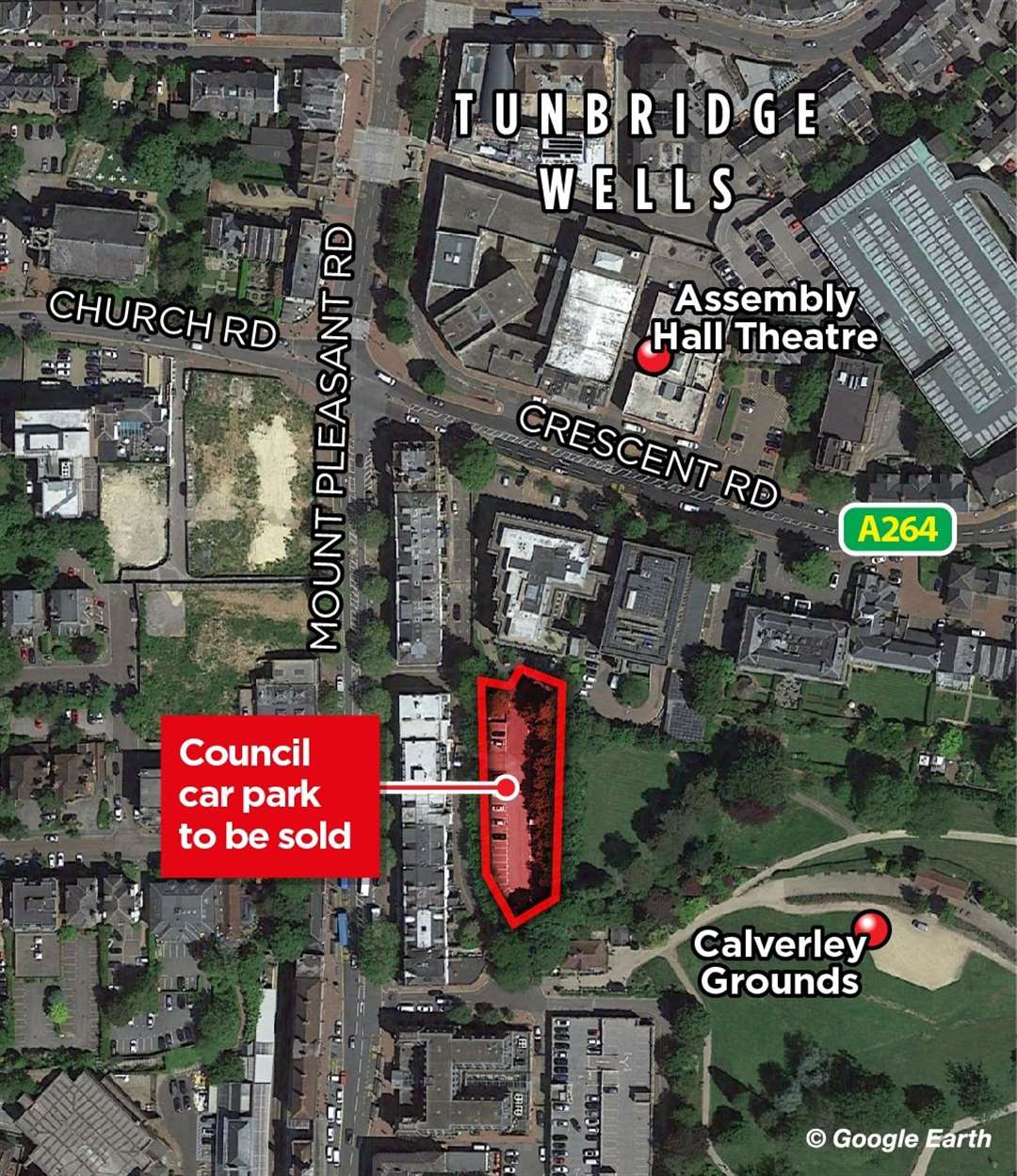 The car park is in a prime spot, close to the shops and to Calverley Gardens. Photo: KM graphics/Google Earth