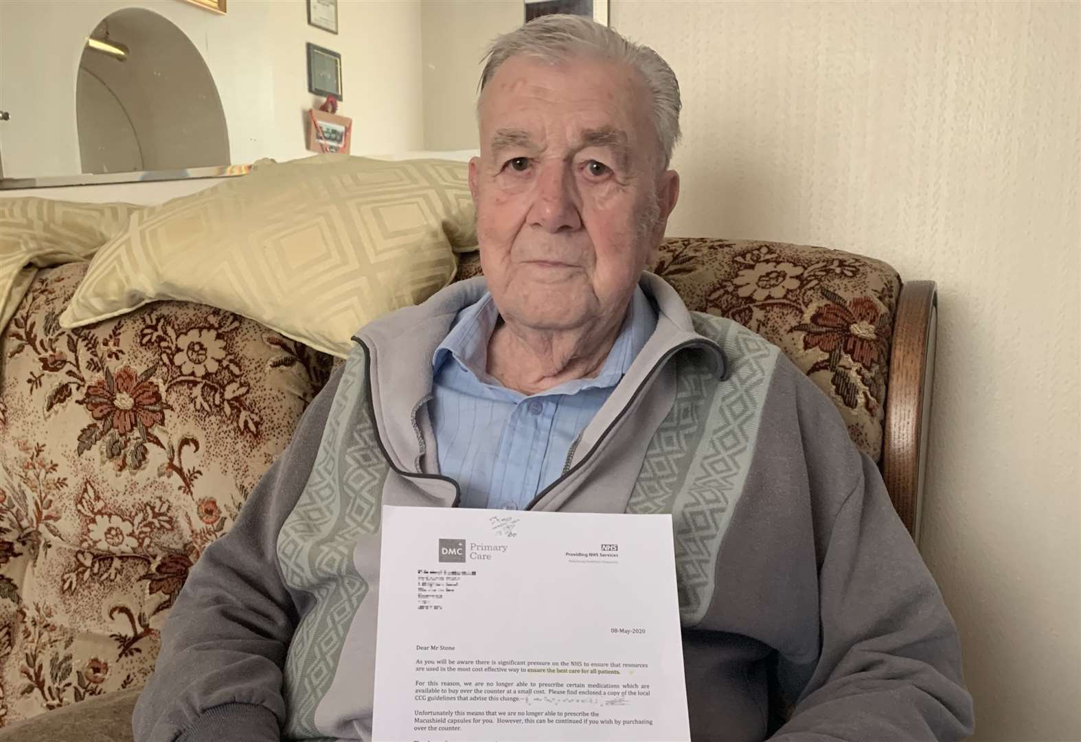 Vic Stone with his letter from Sheppey's DMC clinic saying his capsules would no longer be provided on prescription
