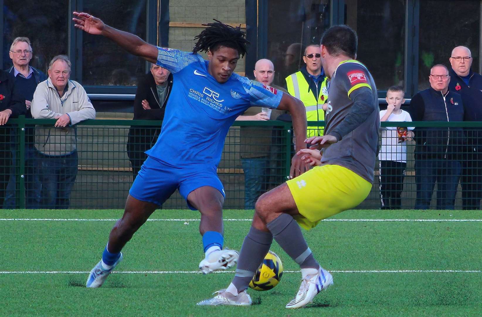 Herne Bay's Kymani Thomas on the ball in the 4-1 weekend loss at home to Canvey Island. Picture: Keith Davy