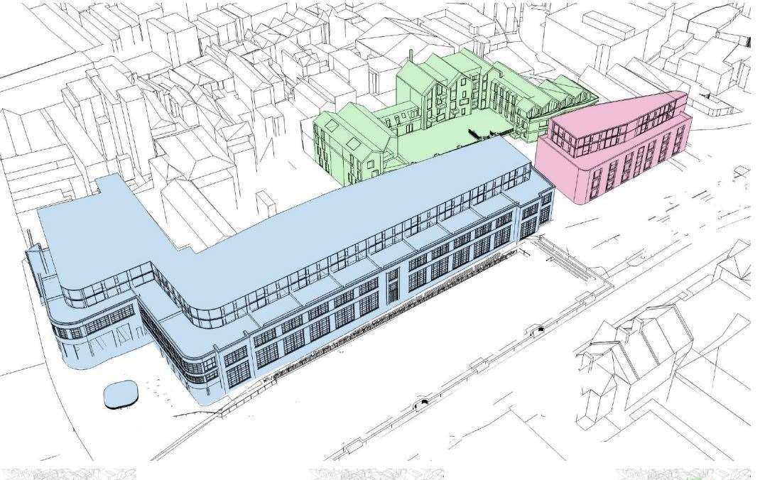 A schematic of the proposals for Len House: the blue building is the existing Len House (with a two-storey extension on the roof), the pink biuilding is the "extension", and the green buildings are also new build