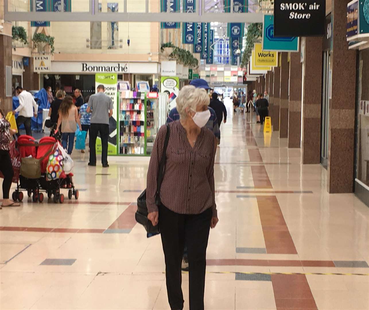 Face masks being worn in the Forum shopping centre in Sittingbourne which Dawn says should be equipped with biohazard waste bins