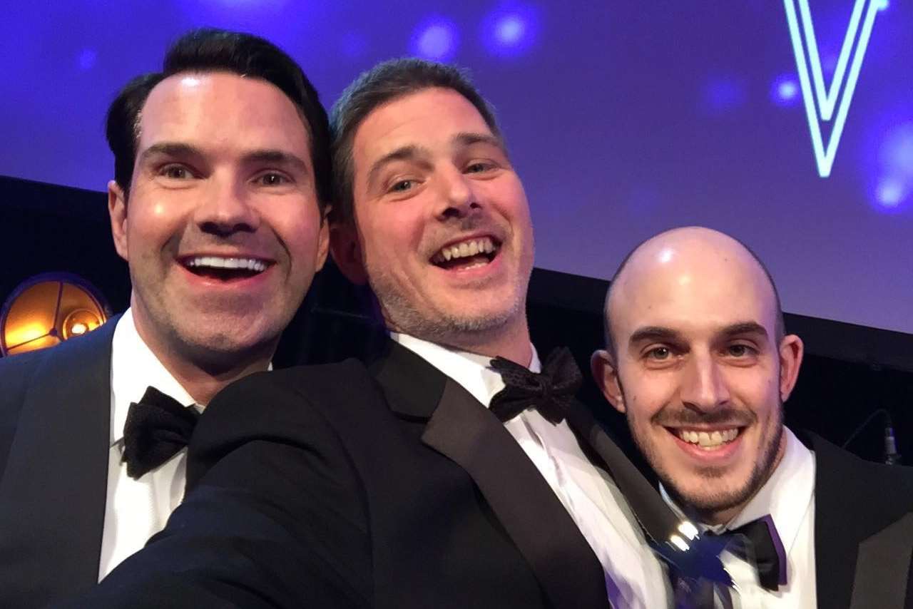 Jimmy Carr posed for a selfie with Sleeping Giant Media managing director Anthony Klokkou, right, and senior marketing manager Lee Hutton