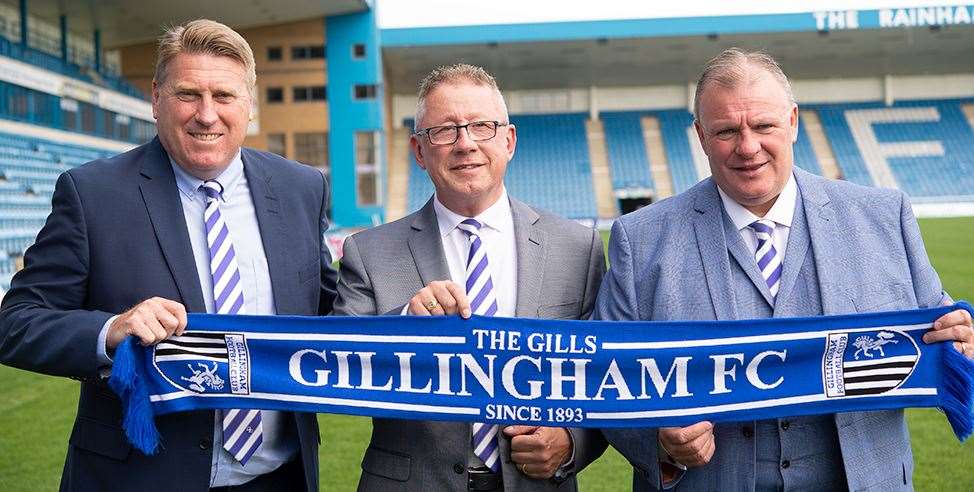 The beginning of Steve Evans' time at Gills, with assistant Paul Raynor and chairman Paul Scally. Picture: Ady Kerry