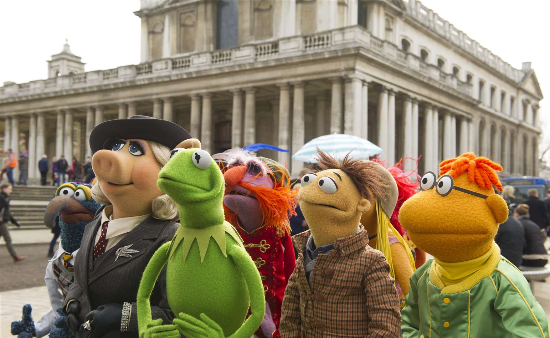 Voices of the Muppets in Muppets Most Wanted, with Gonzo (Dave Goelz), Miss Piggy (Eric Jacobson), Kermit (Steve Whitmire), Floyd (Matt Vogel), Walter (Peter Linz) & Scooter (David Rudman). Picture: PA Photo/2013 Disney Enterprises, Inc