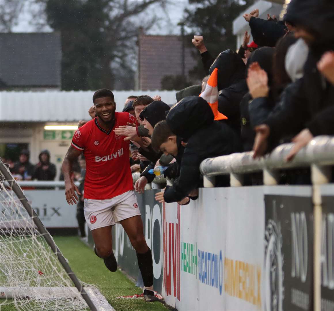 Striker Rowan Liburd celebrates scoring the match-winning goal in Chatham’s 2-1 Isthmian Premier derby win over Margate on Saturday. Picture: Max English (@max_ePhotos)