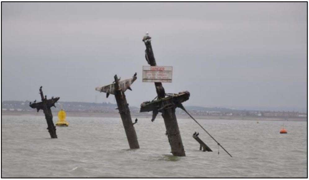 Masts of the wreck of the SS RIchard Montgomery Second World War bomb ship underwater off Sheerness on the Isle of Sheppey. Picture: Maritime & Coastguard Agency (12013603)