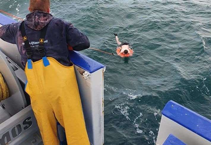 A man was rescued from the sea after attempting to kayak from Dover to France. Picture: @EMKvissers on Twitter/Facebook / T. DE BOER & SONS
