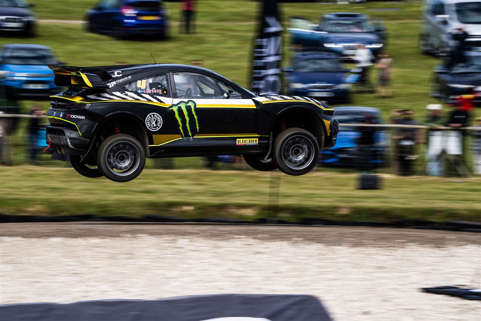 Event winner Robin Larsson, a two-time European Rallycross champion, takes off over the jump. Picture: Nitro Rallycross